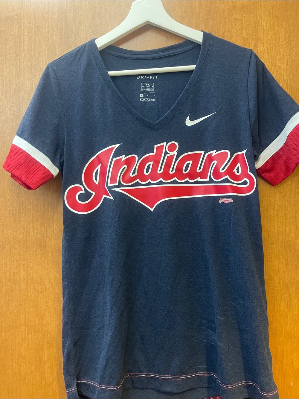 Nike Navy V-Neck Tee with Red & White 'Indians' Script